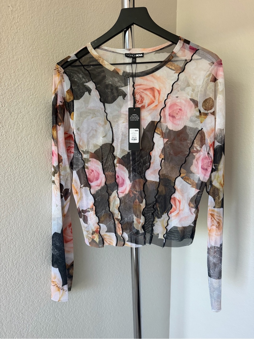 Fashion Nova Pink & Black Sheer Floral Long Sleeve Mesh Top
